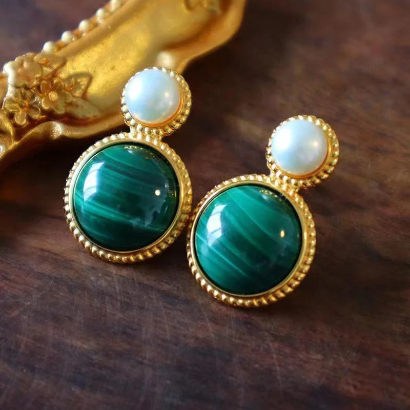 Green Malachite Pearl Stud Earrings Green Malachite Pearl Stud Earrings