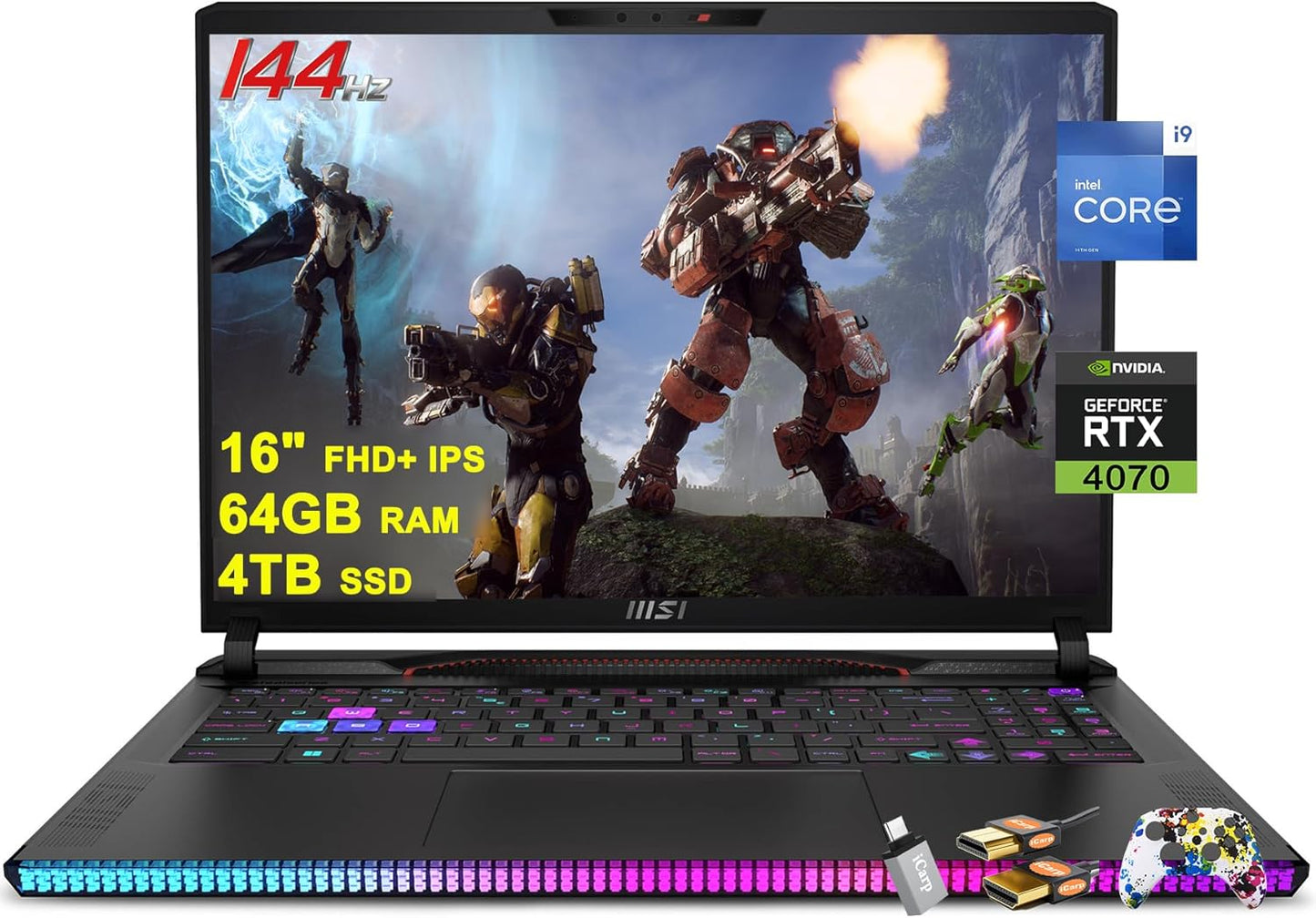 MSI Raider GE68HX - 16" FHD+ 144Hz Gaming Laptop, Intel 24-Core i9-14900HX, NVIDIA GeForce RTX 4070, RGB Backlit, Thunderbolt 4, Type-C, Dynaudio, FHD IR Privacy Camera, Windows 11, Accessories Included