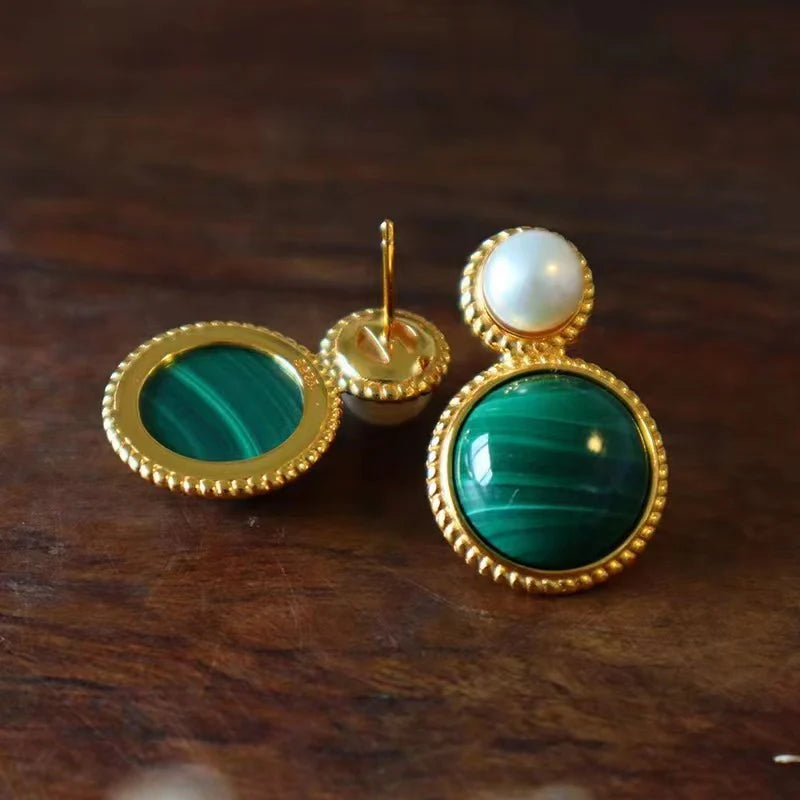 Green Malachite Pearl Stud Earrings
